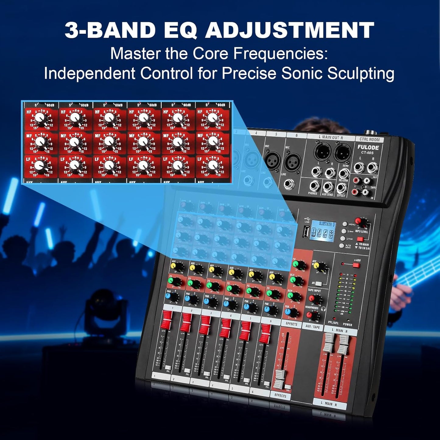 6 Channel Audio Mixer, Professional Music Mixer Board DJ Mixing Console with Bluetooth, USB/MP3 Player, Reverb, and 48V Phantom Power for Studio Recording, Karaoke, and Live Performances