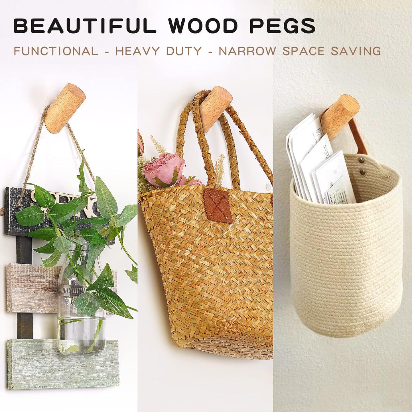 Wood Wall Hooks, 6 Pack Natural Wooden Coat Hooks Wall-Mounted, Rustic Heavy Duty Hook for Hanging Towels Coats Plants, Entryway Hat Hanger Wall Coat Rack (Beech Wood)