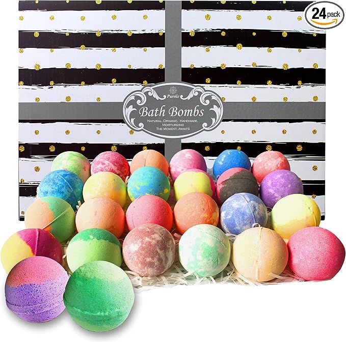 Bath Bombs Gift Set for Women and Men. 24 Luxury Bath Bombs Individually by PurelisNaturals