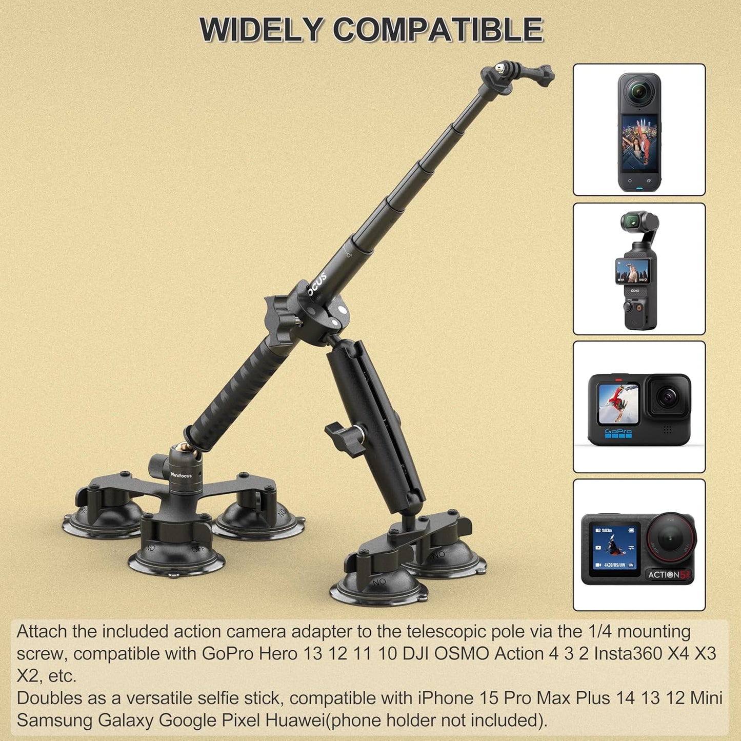 MINIFOCUS Suction Car Mount for Insta360 X5, X4, X3, 5 in 1 Suction Cup Camera Mount Kit with 2in1 Extension Pole, Compatible with Insta360 GoPro Action Camera(Includes 45inch Invisible Selfie Stick)