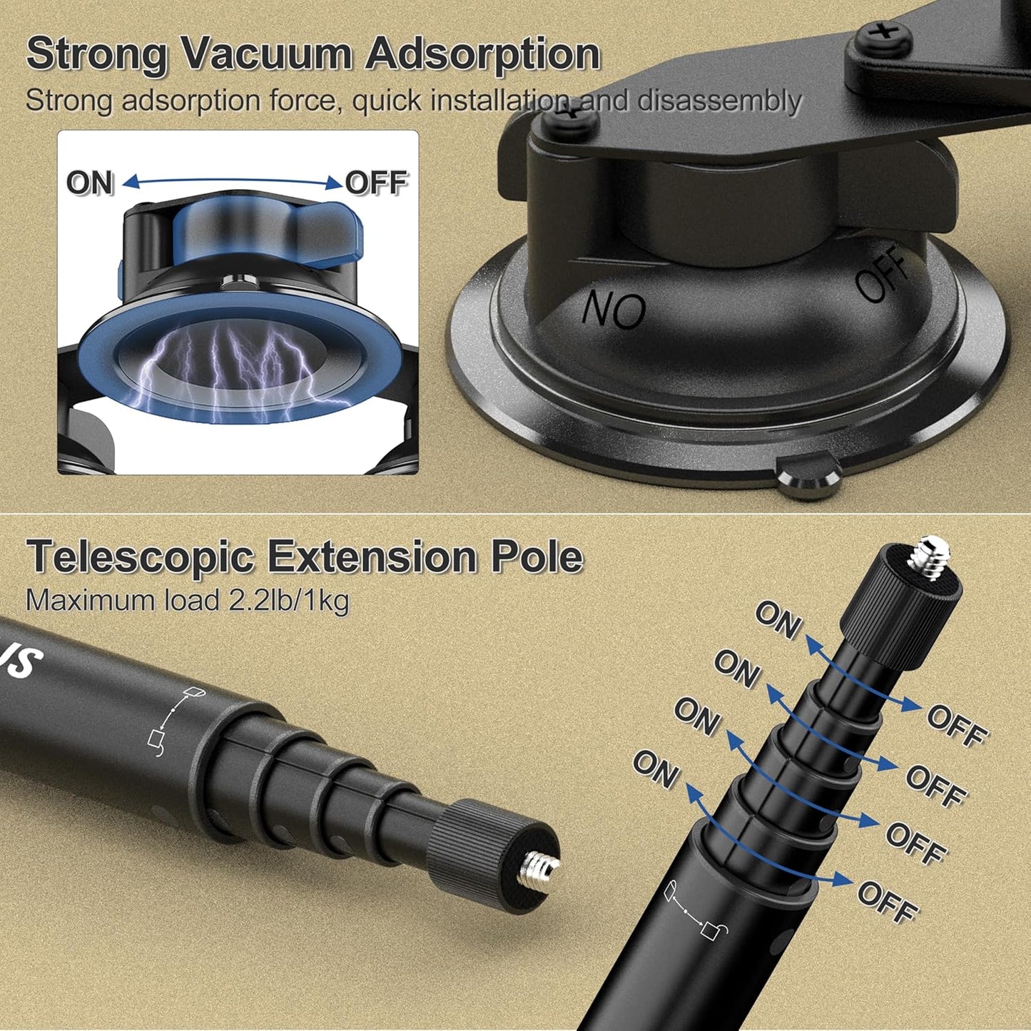 MINIFOCUS Suction Car Mount for Insta360 X5, X4, X3, 5 in 1 Suction Cup Camera Mount Kit with 2in1 Extension Pole, Compatible with Insta360 GoPro Action Camera(Includes 45inch Invisible Selfie Stick)
