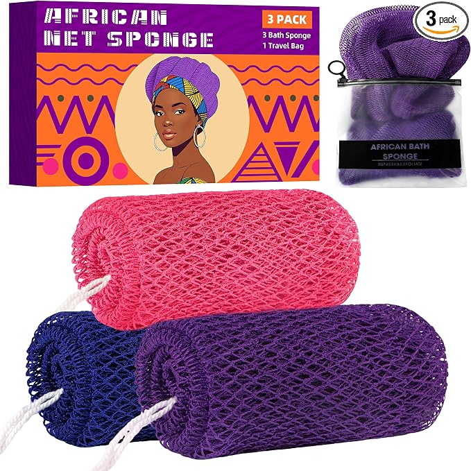 African Net Sponge Authentic, 3 Pieces Exfoliating Scrubber Bath Sponge by BHYTAKI