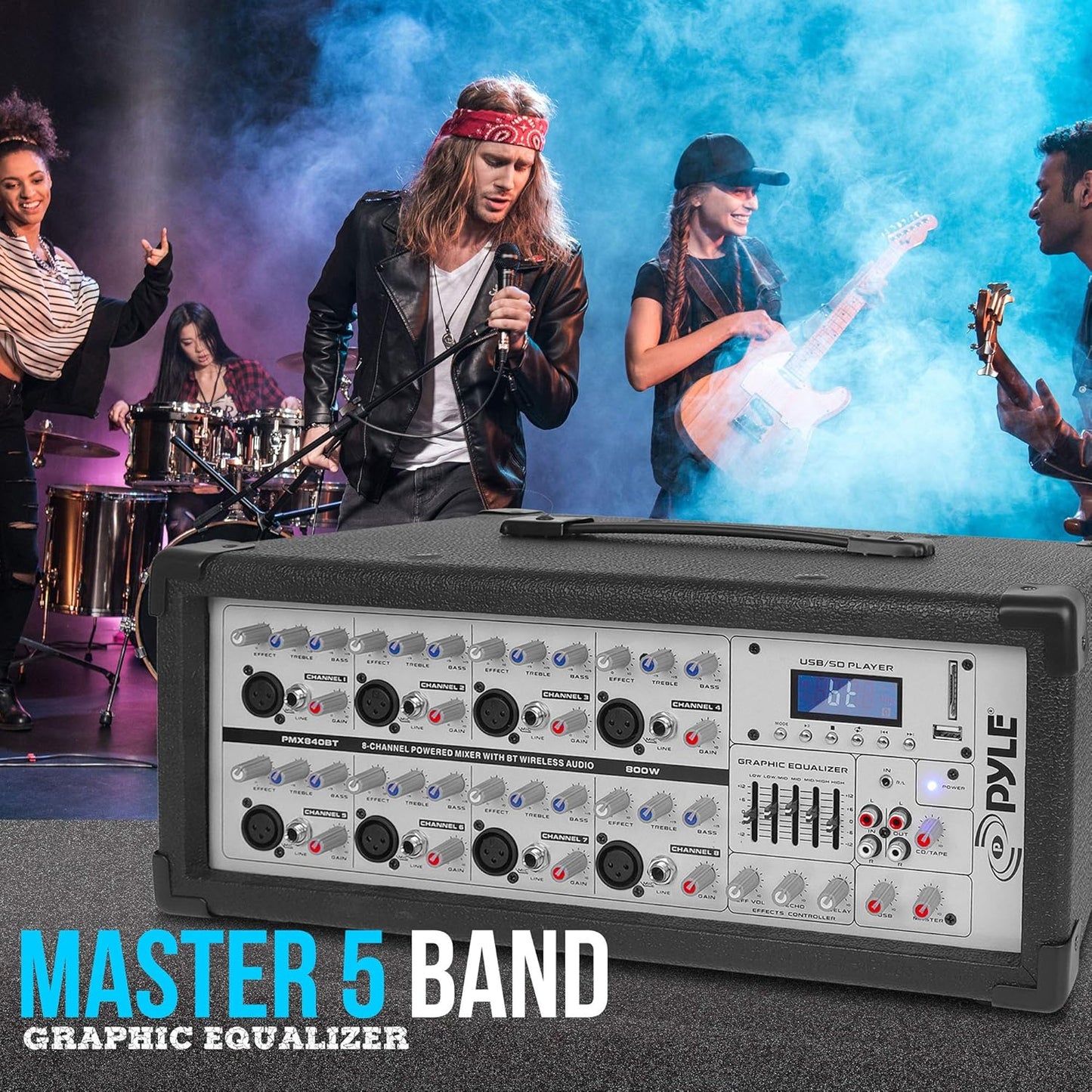 PyleUsa 8 Channel Bluetooth Stage Powered Mixer, 800 Watt Pro Audio Sound Mixer, MP3 USB SD Readers, Aux Input, Digital LCD Display, Built in Cooling Fan