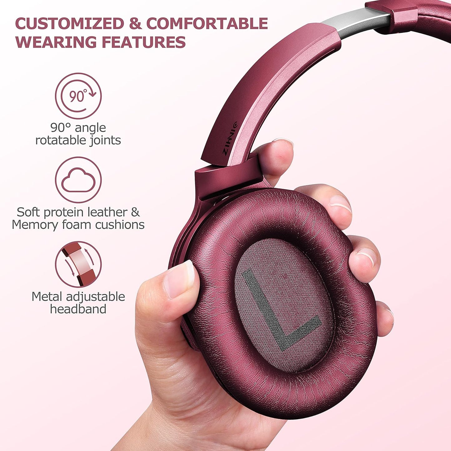 ZIHNIC Active Noise Cancelling Headphones, 40H Playtime Wireless Bluetooth Headset with Deep Bass Hi-Fi Stereo Sound,Comfortable Earpads for Travel/Home/Office (Red)