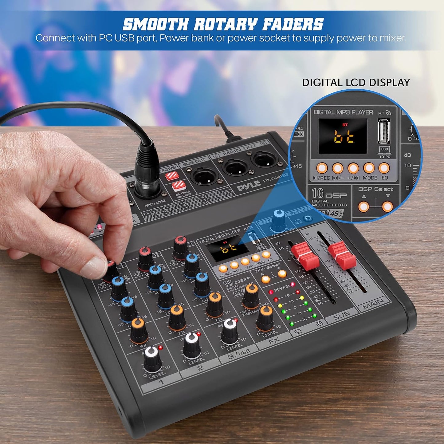 Pyle Professional DJ Audio Mixer - 3-Channel Controller with 16 Preset DSP Effects - USB Interface - 3 Mic/Line Inputs - +48V Phantom Power - Built-in FX Processor - MP3 Player/Headphone Jack - PMX462