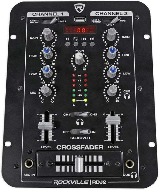 Rockville RDJ2 2-Channel DJ Mixer USB Playback, Cue Monitor, Talkover, 4 Line Inputs, Compact, Portable, for Beginner DJs and Small Events