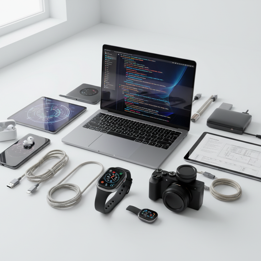 circle photo of electronics and gadgets, make a real photo